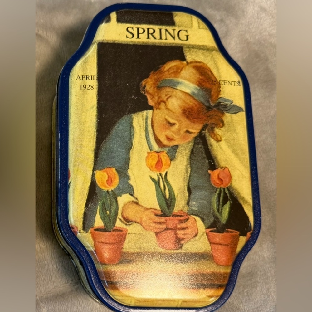 Good Housekeeping Tin Girl planting tulips Spring Hearst‎ Box Nostalgia 1928